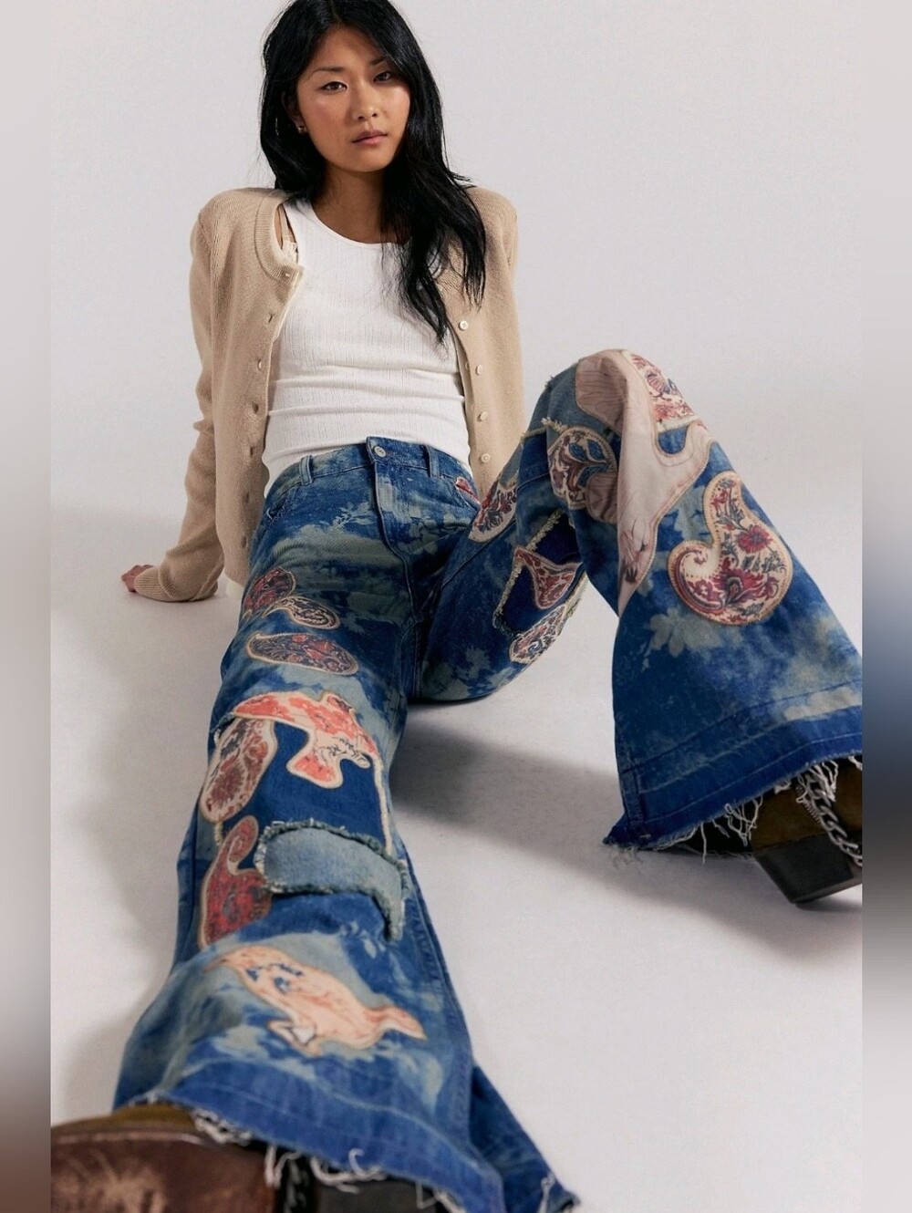 Free People Flying High Patched Wide Leg Jeans 28 Free Birds Distressed